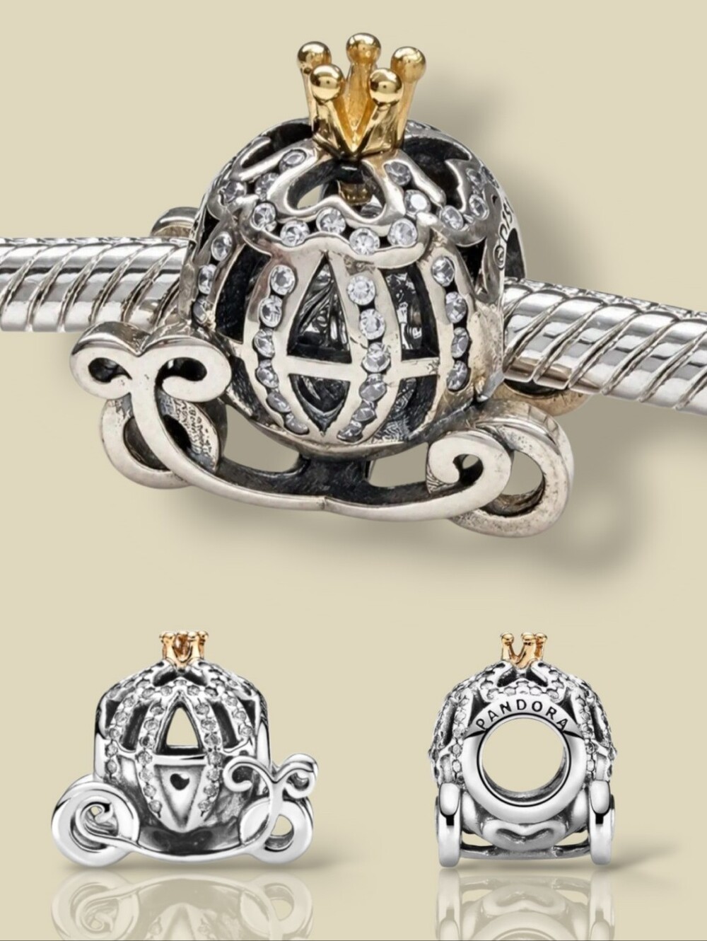 Like New💛 PANDORA Disney S925 & 14K Gold Cinderella Pumpkin Coach Charm With CZ